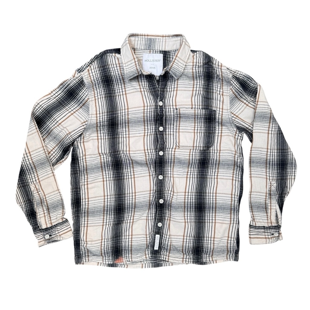 Hollister Women's Medium Black and Cream Button-up
